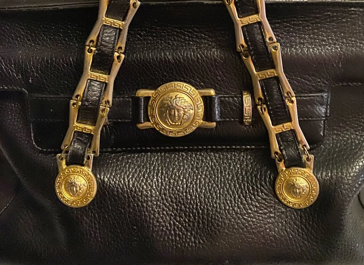 1980s Gianni Versace Black Leather Medusa Shoulder Bag