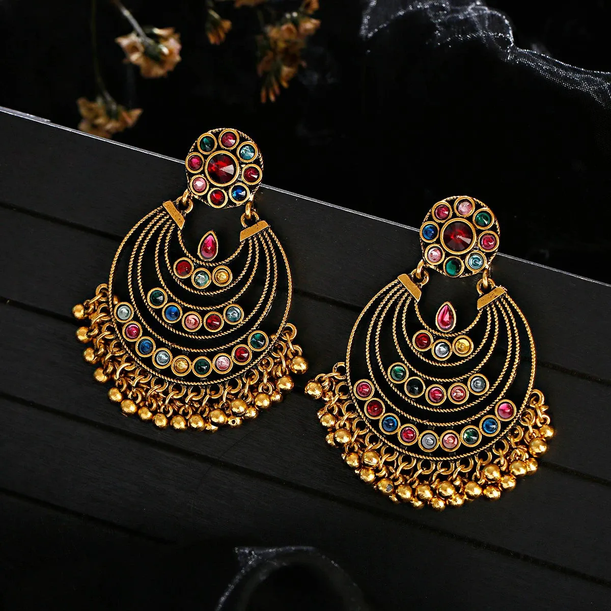 Antique Golden Multicolor Chandbali Earrings (E900)