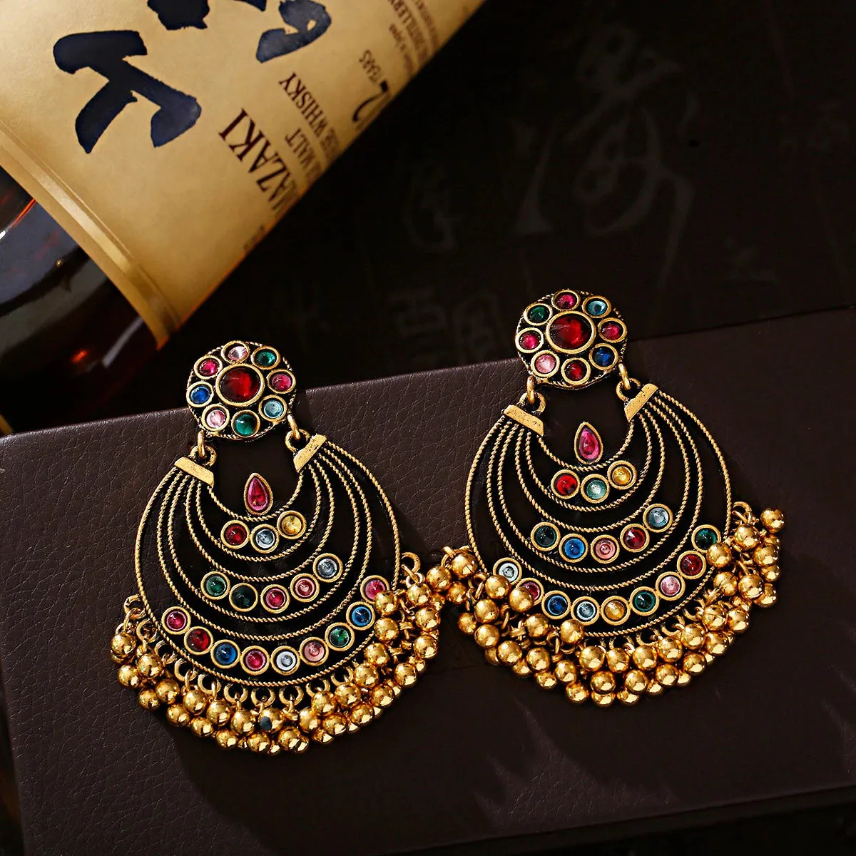 Antique Golden Multicolor Chandbali Earrings (E900)