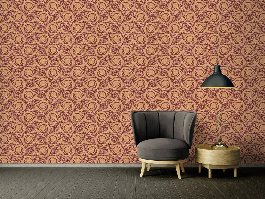 Baroque Textured Damask Wallpaper in Red/Beige from the Versace IV Collection