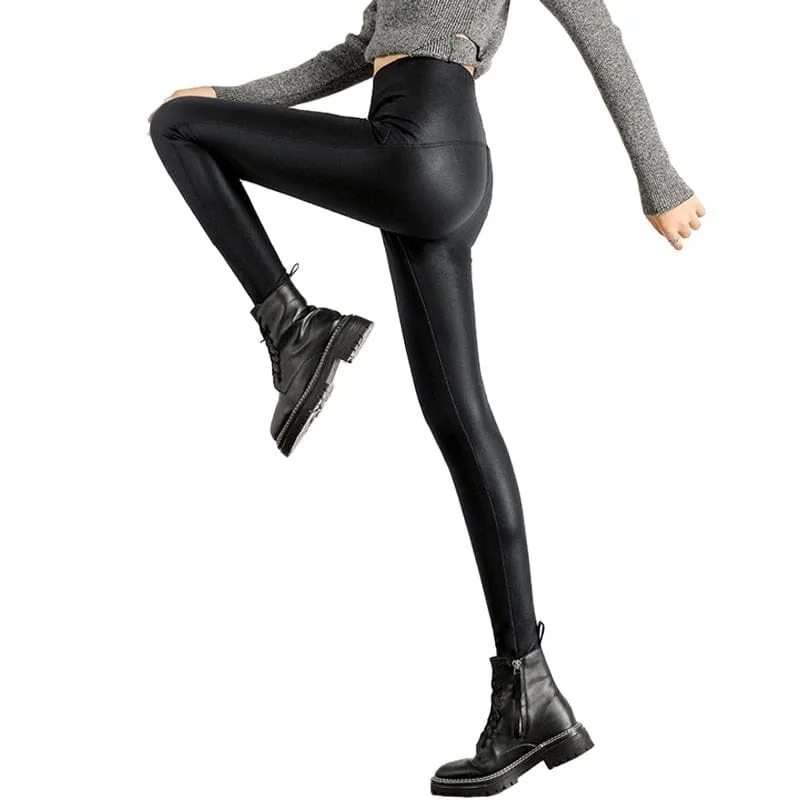 Black Fleece Matte Leather Women's High Waist Leggings
