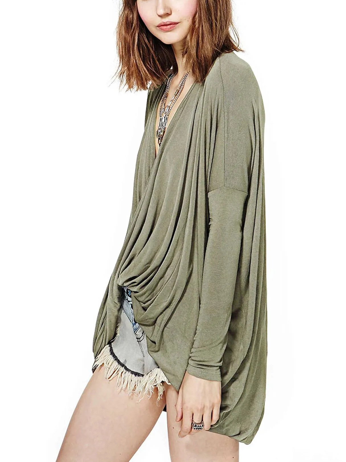 Custom Drape Sagging Plain Long Sleeve Irregular Hem Green Blouses