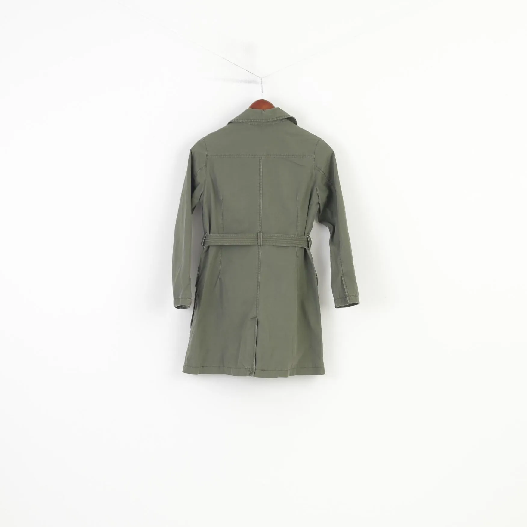 H&M Girls 152 cm 11 Age Coat Green Cotton Single Breasted Belt Pockets Collar Vintage Jacket