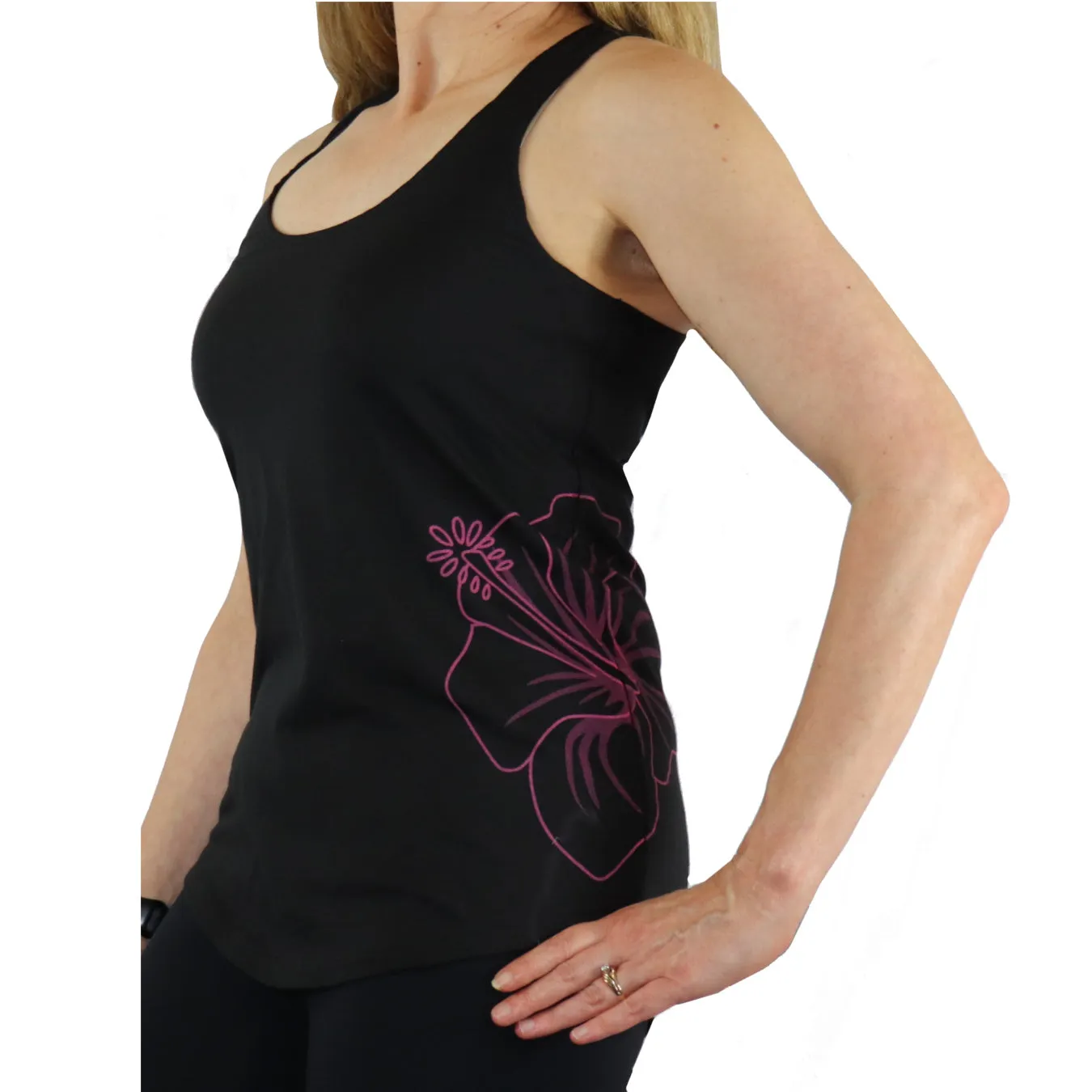 Hawaiian Hibiscus Tattoo Polyester / Cotton Racerback Tank in Pink and Black