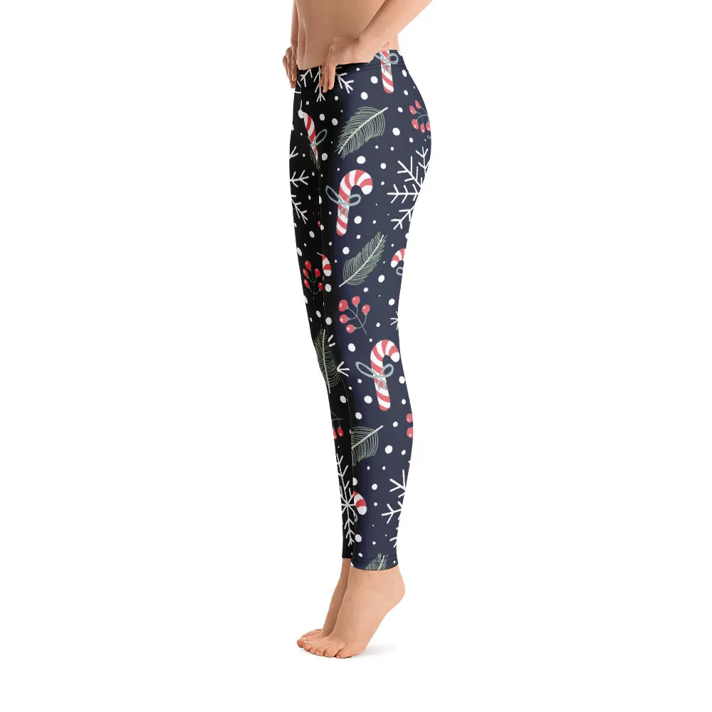 Holiday Christmas Leggings, December Sugar Candy Cane Snowflakes Winter Workout Yoga Pants Matching Mommy Me Kids Girls Plus Size Leggings