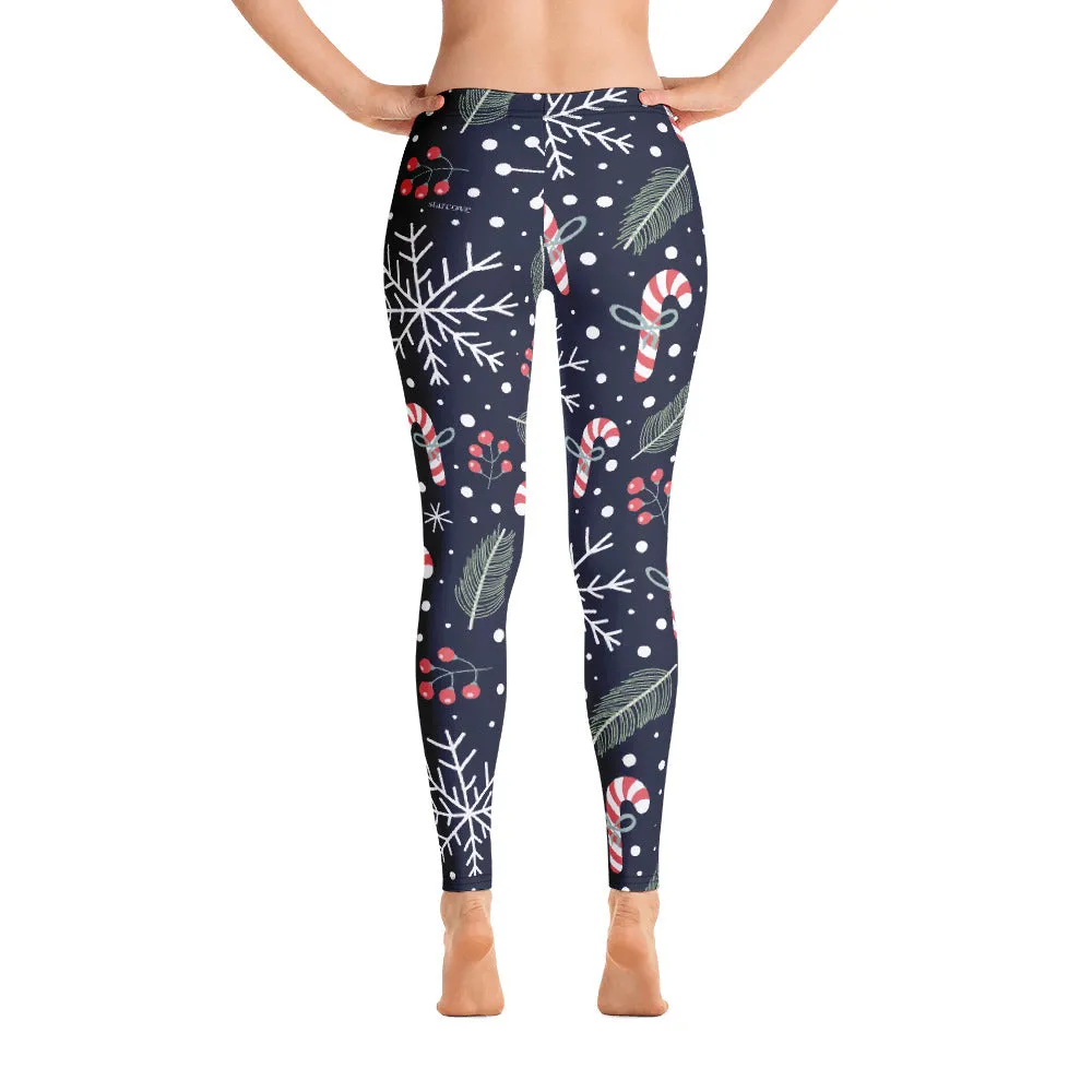Holiday Christmas Leggings, December Sugar Candy Cane Snowflakes Winter Workout Yoga Pants Matching Mommy Me Kids Girls Plus Size Leggings