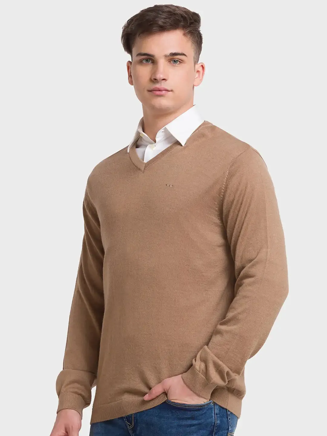 Men Brown Tailored Fit Solid Merino Wool Acrylic Blend Full Sleeve V Neck Collar Sweaters
