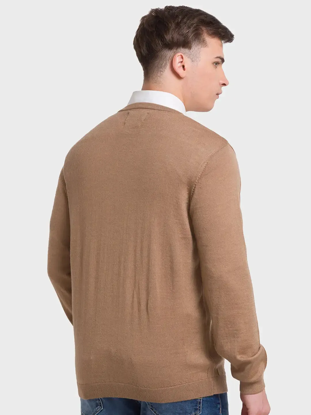 Men Brown Tailored Fit Solid Merino Wool Acrylic Blend Full Sleeve V Neck Collar Sweaters