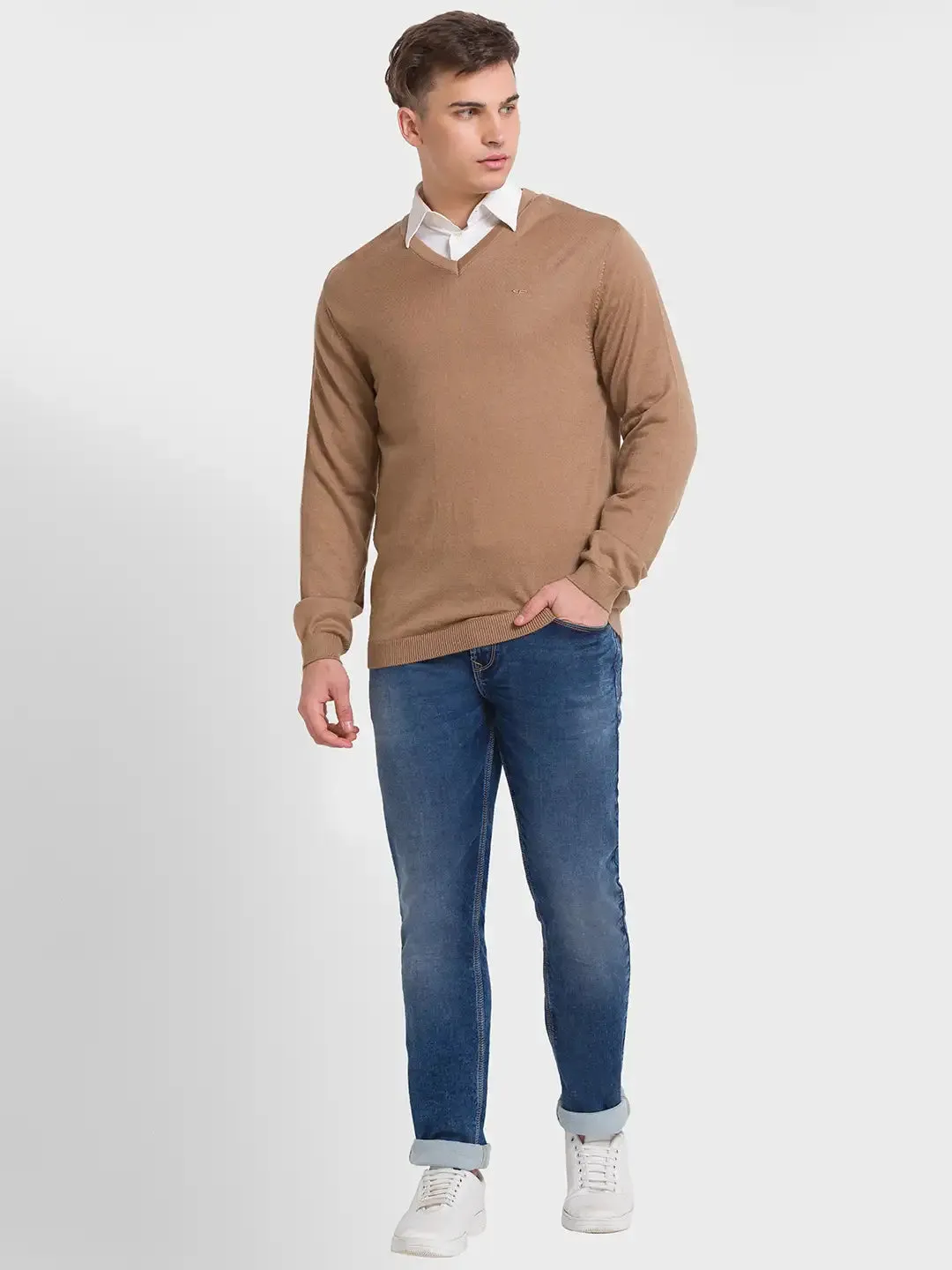 Men Brown Tailored Fit Solid Merino Wool Acrylic Blend Full Sleeve V Neck Collar Sweaters