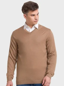 Men Brown Tailored Fit Solid Merino Wool Acrylic Blend Full Sleeve V Neck Collar Sweaters