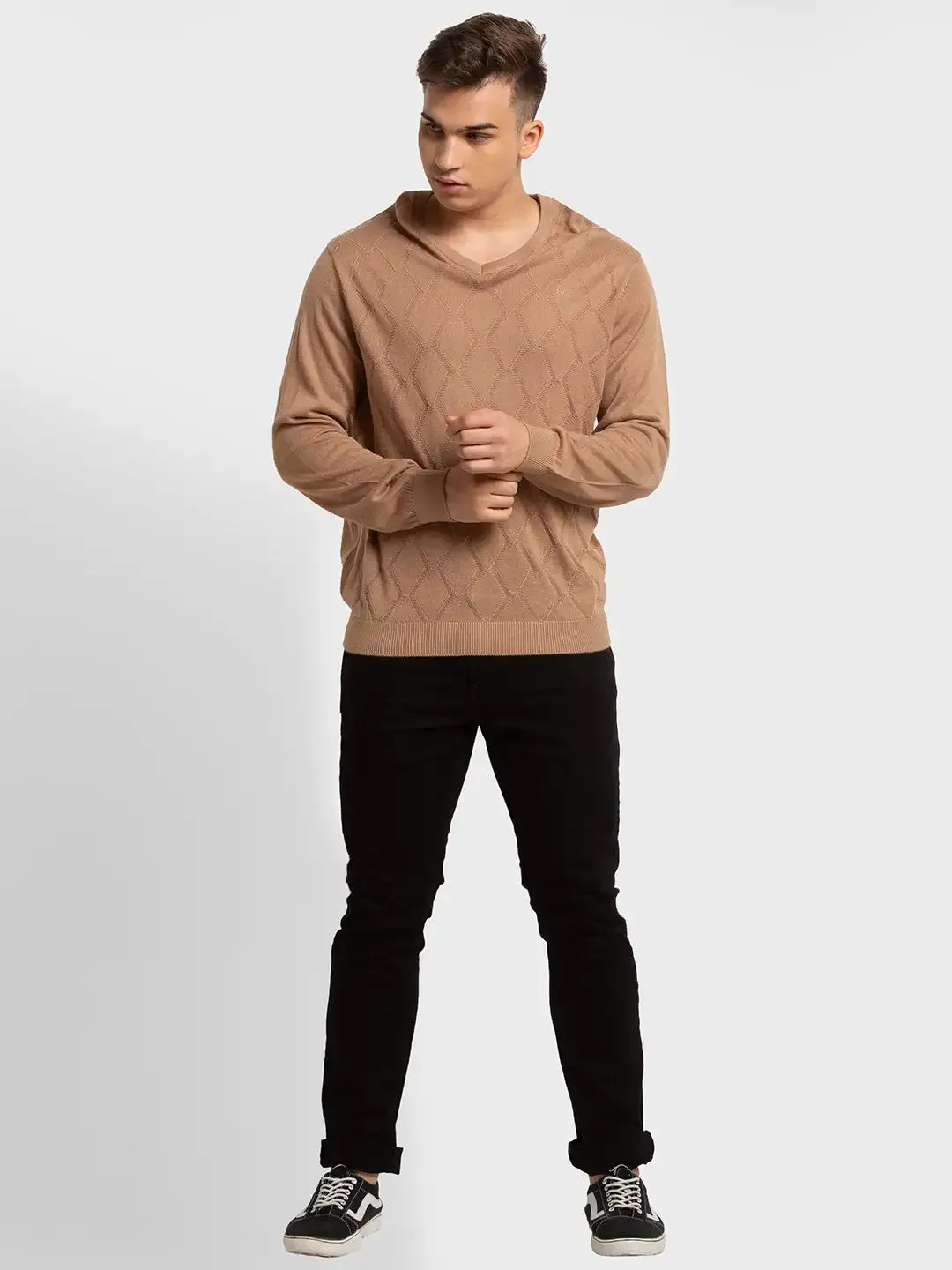 Men Brown Tailored Fit Structure Acrylic Merino Blend Full Sleeve V Neck Collar Sweaters