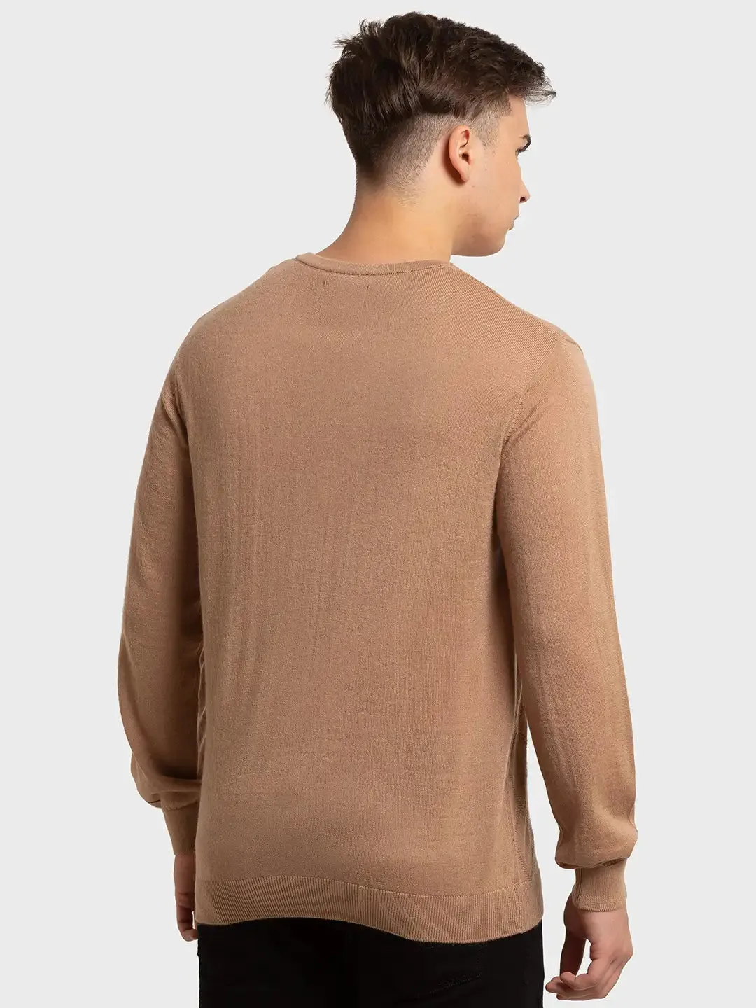 Men Brown Tailored Fit Structure Acrylic Merino Blend Full Sleeve V Neck Collar Sweaters