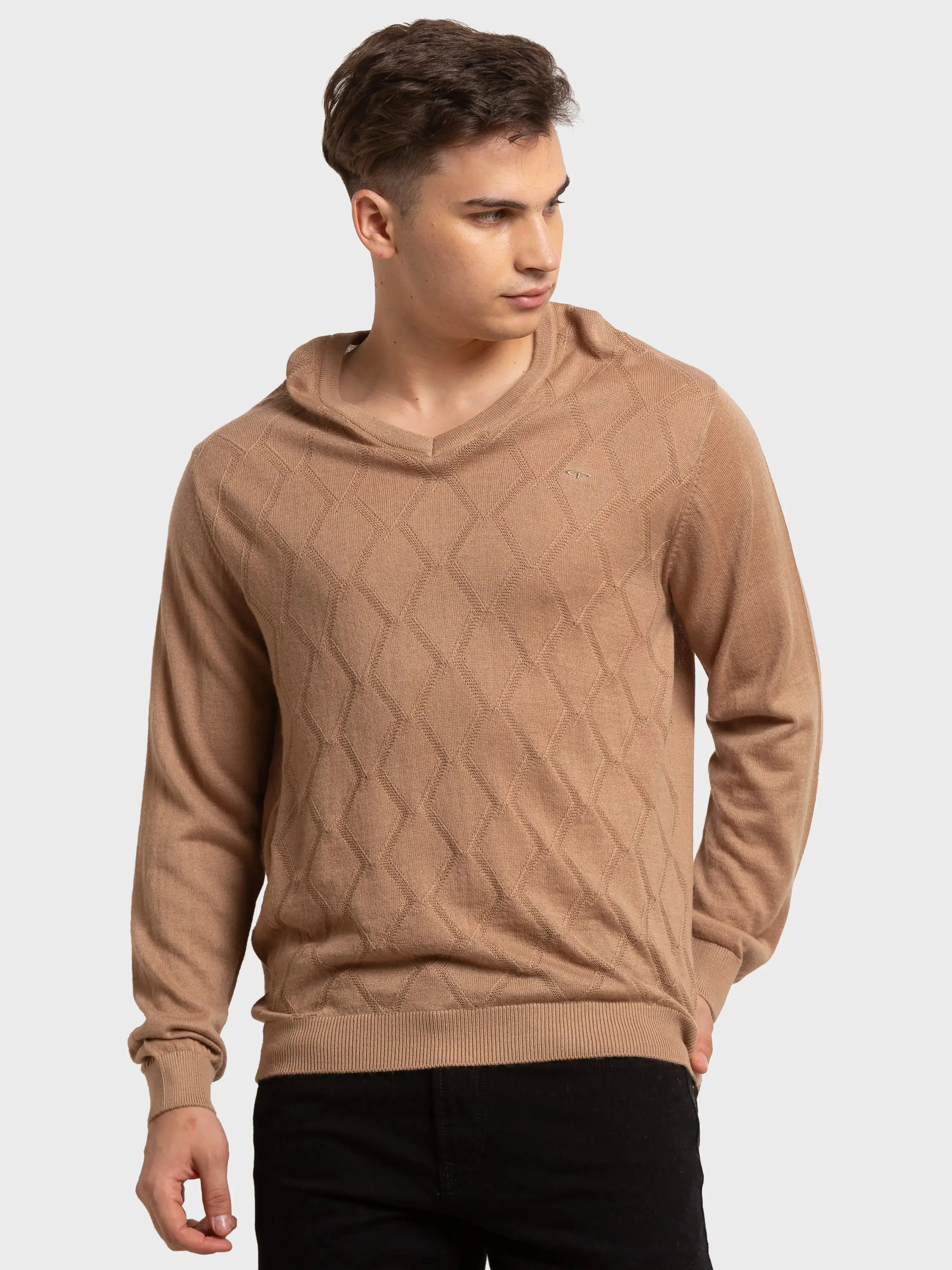 Men Brown Tailored Fit Structure Acrylic Merino Blend Full Sleeve V Neck Collar Sweaters