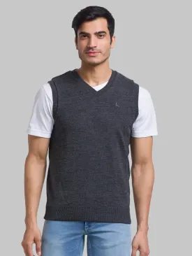Men Grey Solid Acrylic Sleeveless Sweaters