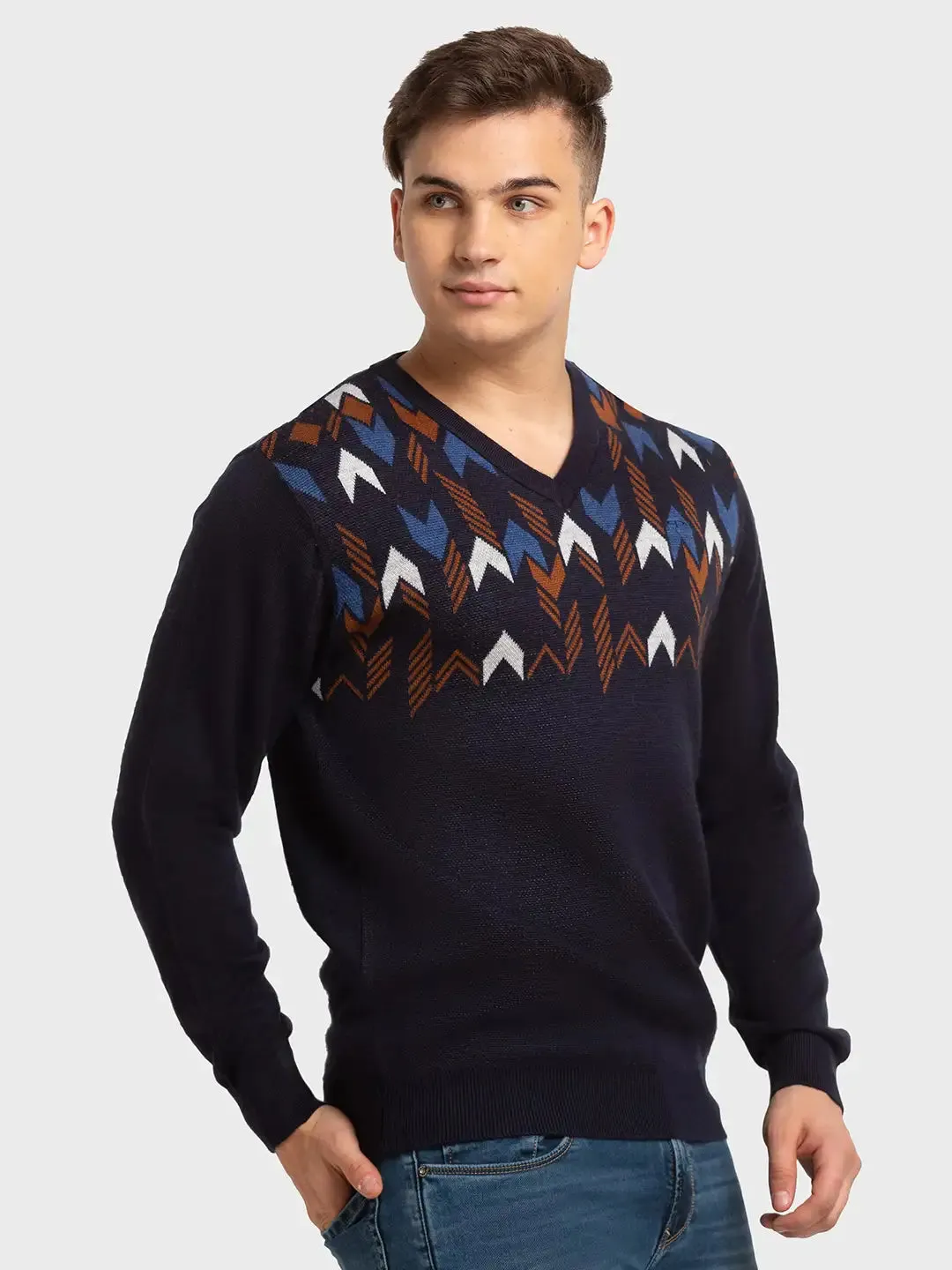 Men Navy Tailored Fit Jacquard Acrylic Merino Blend Full Sleeve V Neck Collar Sweaters