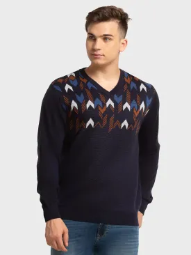 Men Navy Tailored Fit Jacquard Acrylic Merino Blend Full Sleeve V Neck Collar Sweaters
