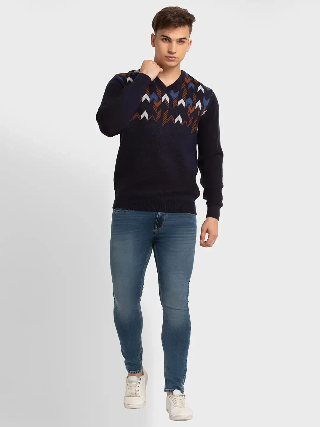 Men Navy Tailored Fit Jacquard Acrylic Merino Blend Full Sleeve V Neck Collar Sweaters