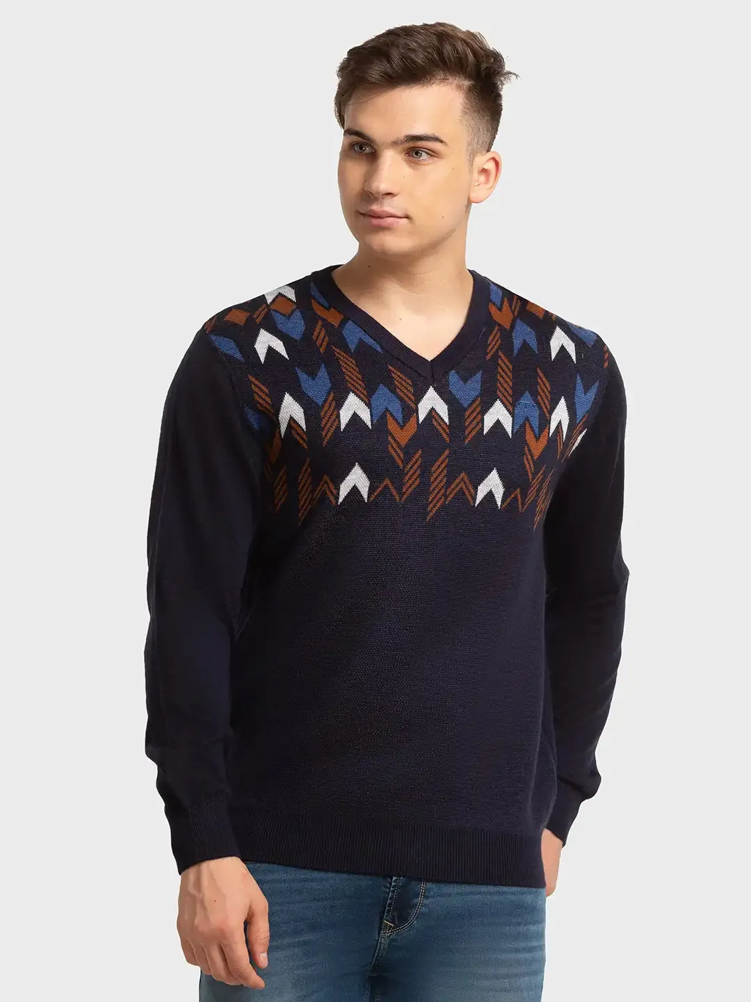 Men Navy Tailored Fit Jacquard Acrylic Merino Blend Full Sleeve V Neck Collar Sweaters
