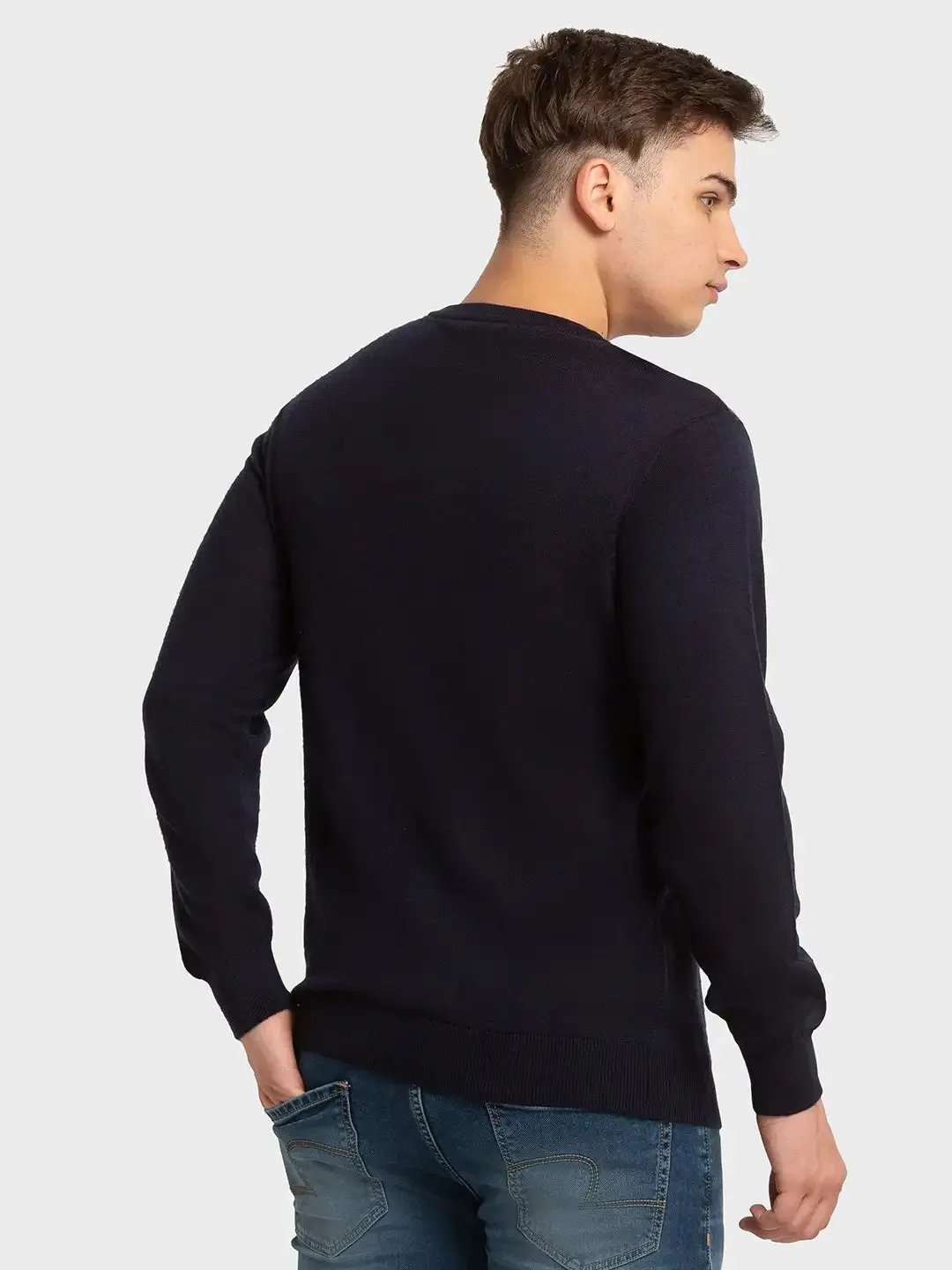 Men Navy Tailored Fit Jacquard Acrylic Merino Blend Full Sleeve V Neck Collar Sweaters