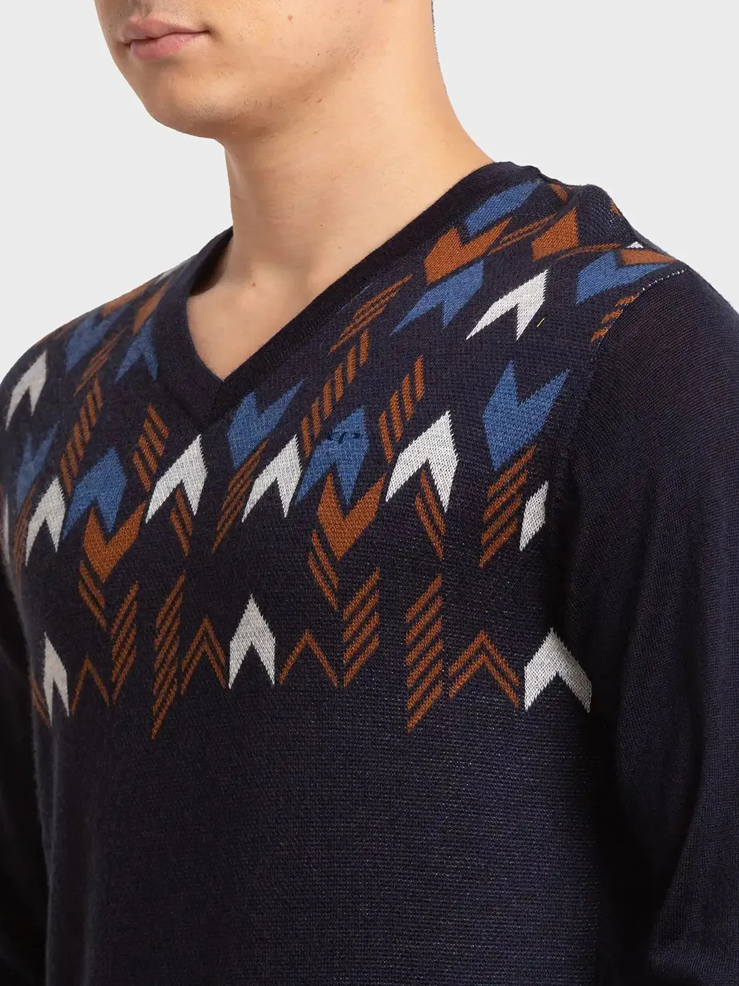 Men Navy Tailored Fit Jacquard Acrylic Merino Blend Full Sleeve V Neck Collar Sweaters