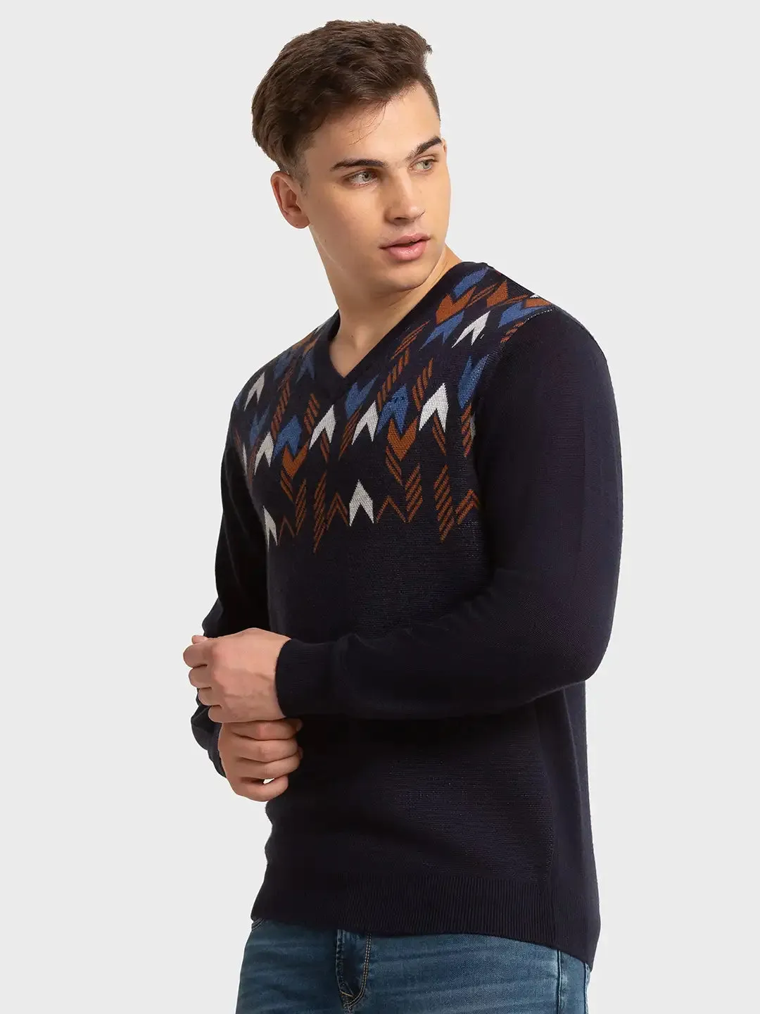 Men Navy Tailored Fit Jacquard Acrylic Merino Blend Full Sleeve V Neck Collar Sweaters