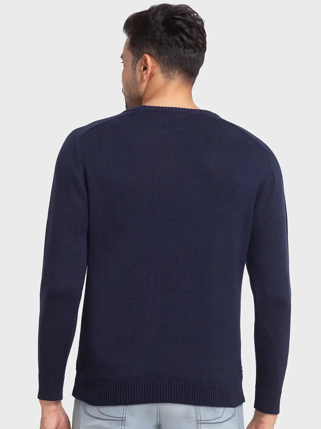 Men Navy Tailored Fit Jacquard Cotton Full Sleeve Round Collar Sweaters