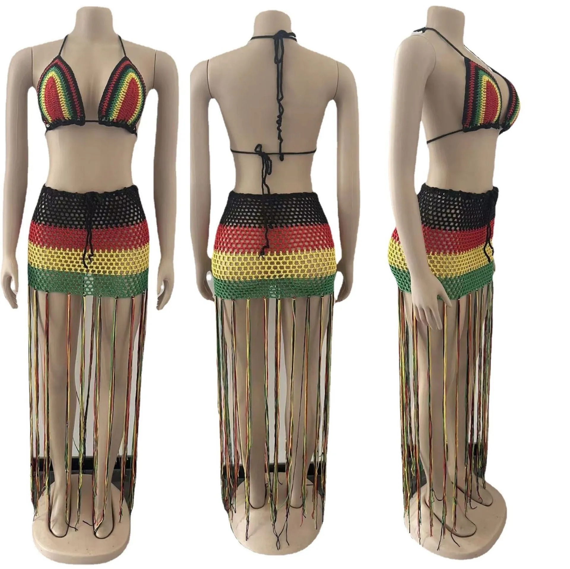 Rasta Knitted Tassel 2 Piece Beach Set