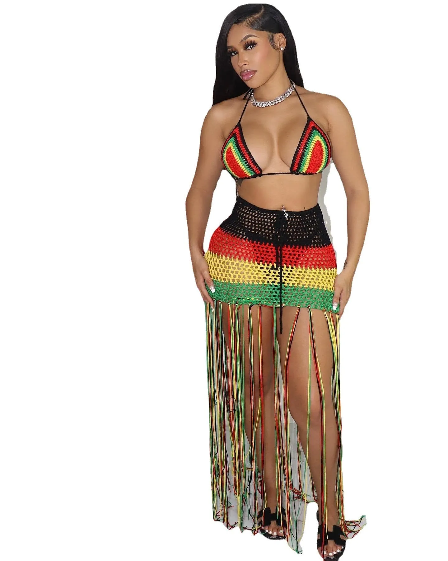 Rasta Knitted Tassel 2 Piece Beach Set