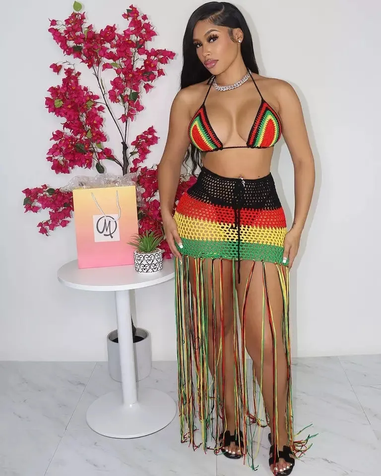 Rasta Knitted Tassel 2 Piece Beach Set