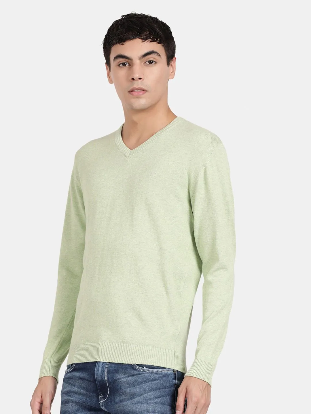 V Neck Meadow Green Melange Full Sleeve Pullover