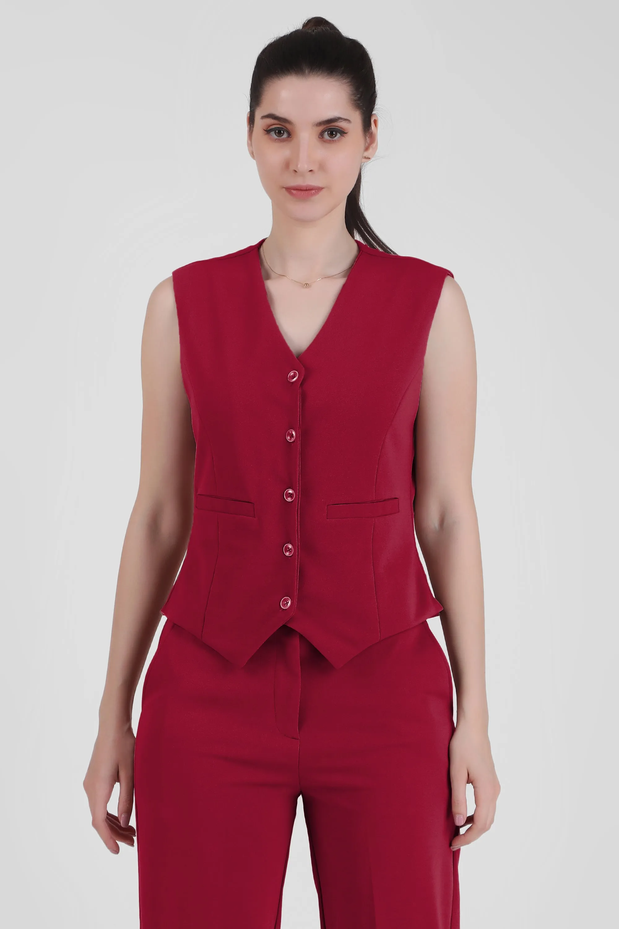 V Neck Tailored Waistcoat, Red