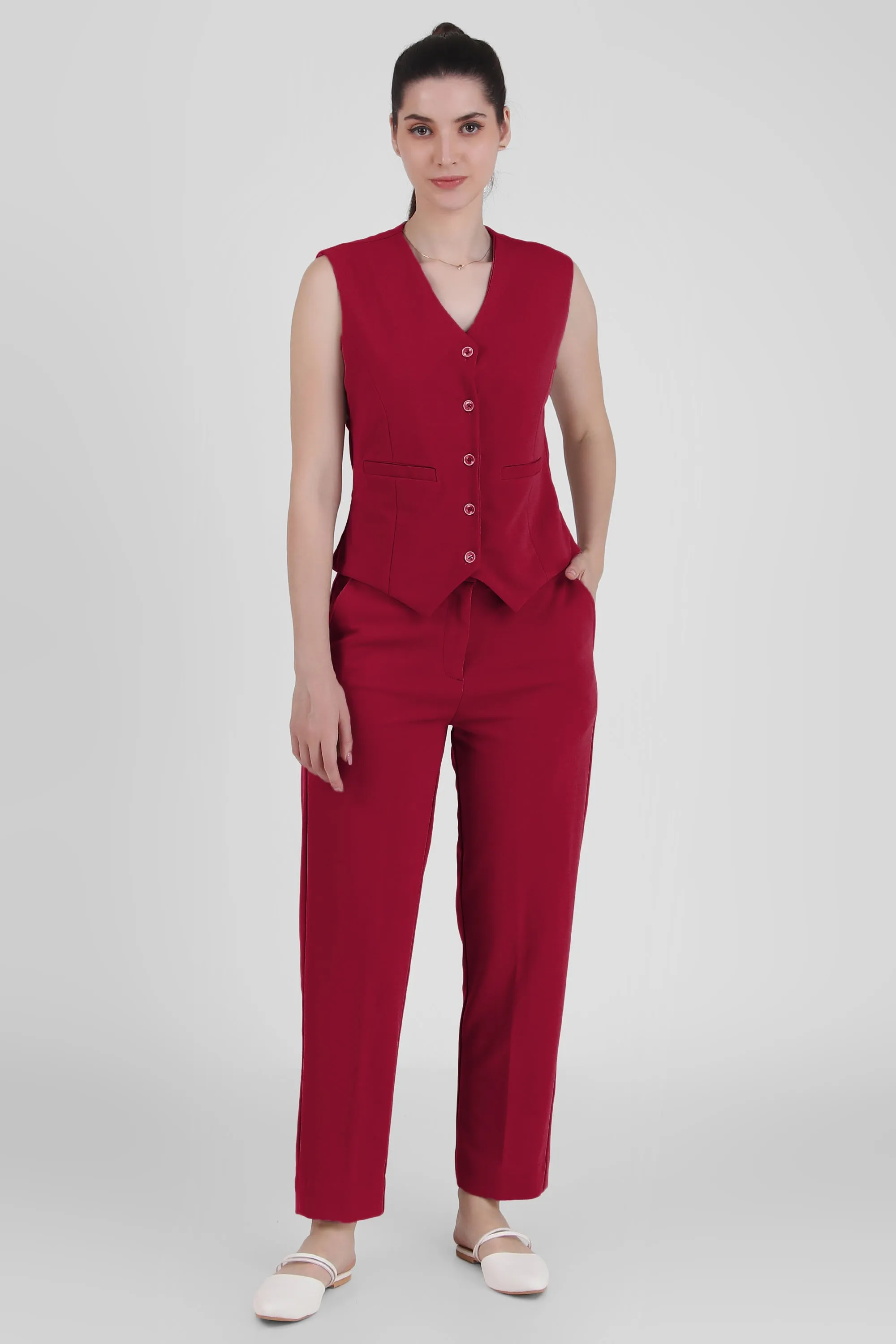 V Neck Tailored Waistcoat, Red