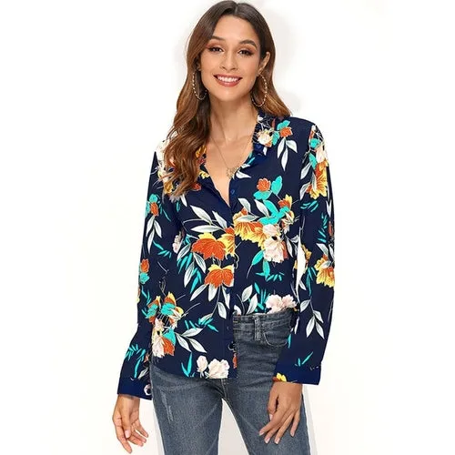 Vintage Floral Printed Blouse Women Long Sleeve