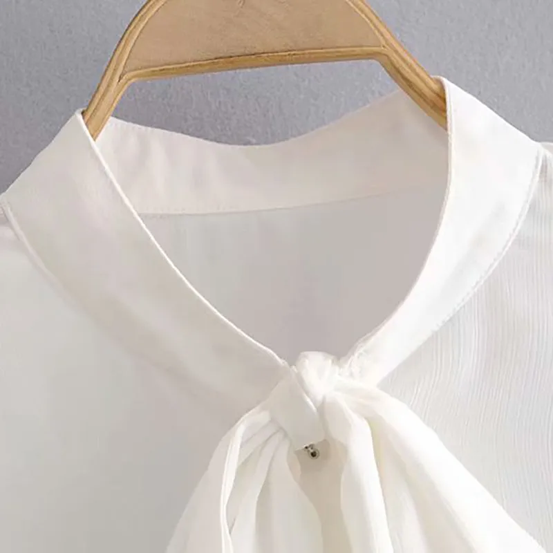 White Blouse Woman Bow Tie Neck